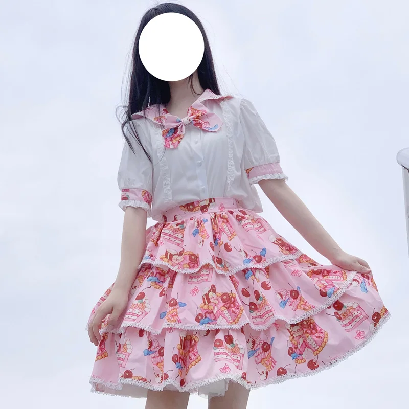 

2-Piece Set Kawaii Lolita Dessert Print Dress Cute Cupcake Skirt Summer 2021 New Vintage Girly Pink Bow Top Everyday Lolita Suit