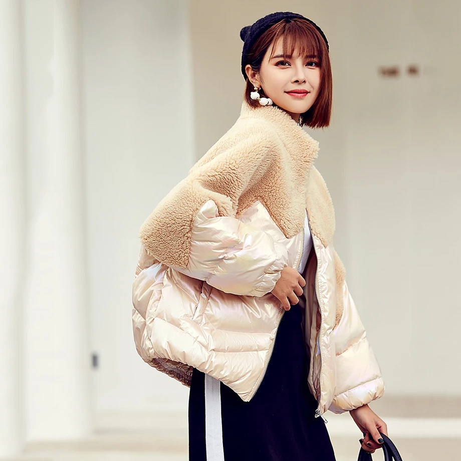 Женское зимнее пальто 2019 натуральный 70% мех ягненка короткий 90% белый пуховик
