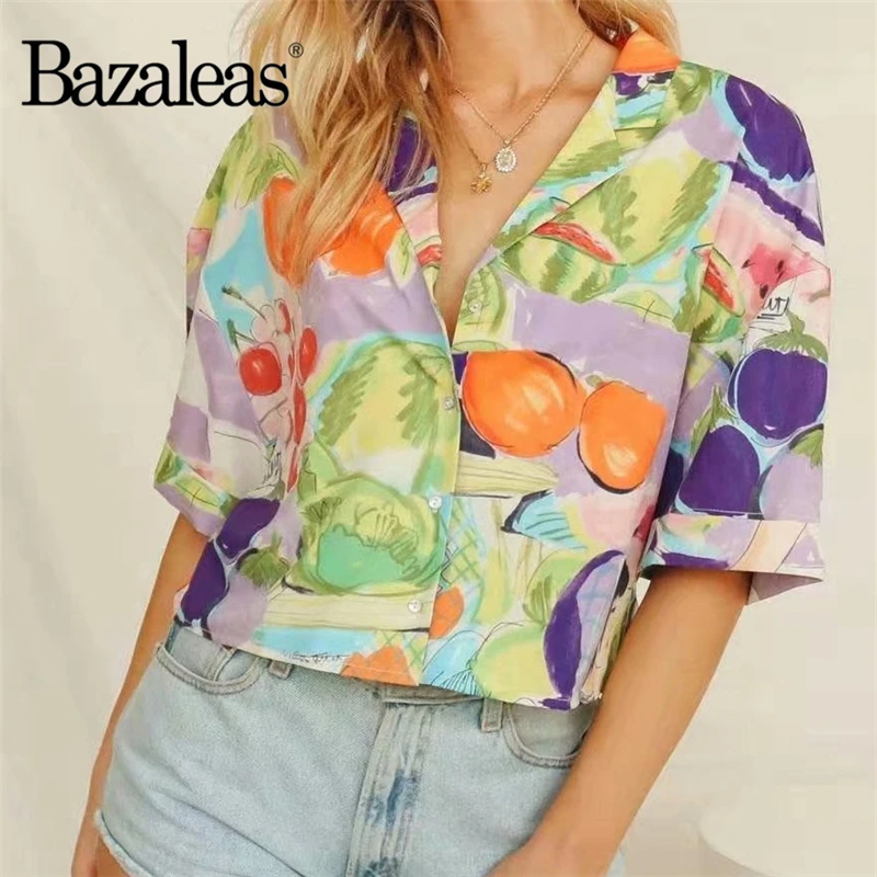 Женская блузка с отложным воротником коротким рукавом и принтом фруктов | одежда