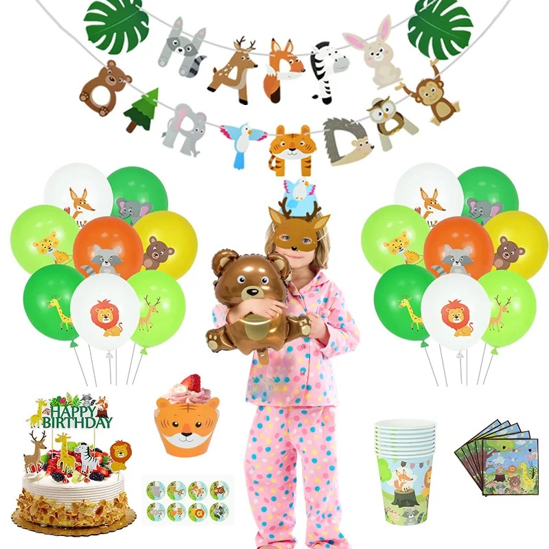 Animal Party Balloon Jungle Safari Zoo Party Disposable Tableware Set Cake Toppers Baby Shower Kids Birthday Party Supplies