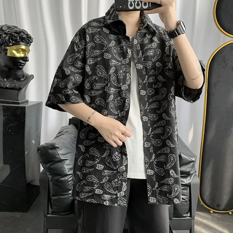 

Printed Cashew Flower Shirt Men's Streetwear Hiphop Japanese Summer Casual Tops Loose Coat Short Sleeve Shirts Thin Male Clothes