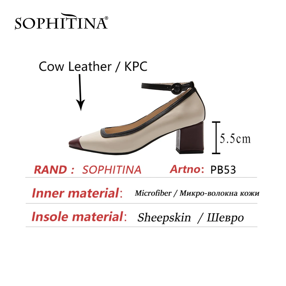 

SOPHITINA Pumps Woman Genuine Leather Pointed Toe Bodered Ankle Buckle Strap High Square Heel Office Lady Shoes PB53