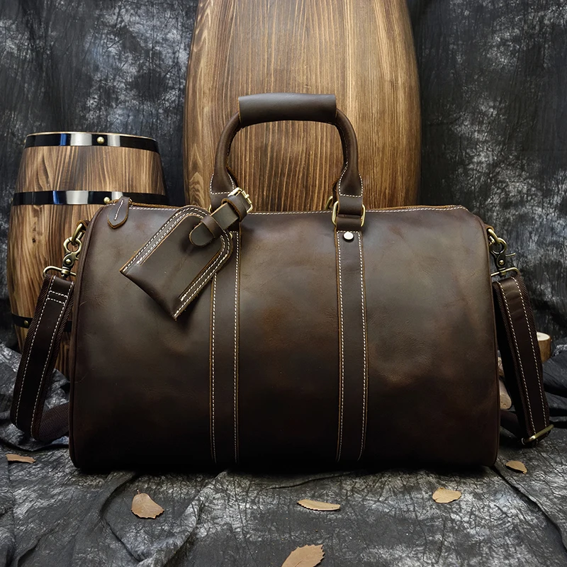 Vintage Men travel duffel Crazy horse genuine leather 18 inch big travel bag cow leather Boston overnight luggage Weekend bag