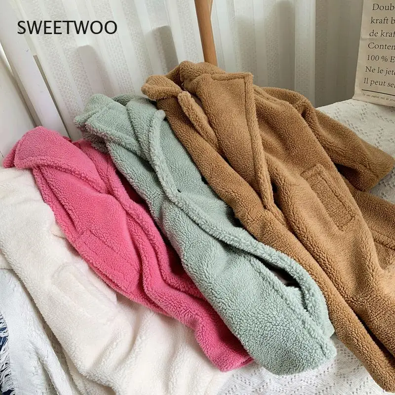 Pink Long Teddy Bear Jacket Coat Women Winter 2021 Thick Warm Oversized Chunky Outerwear Overcoat Women Faux Lambswool Fur Coats