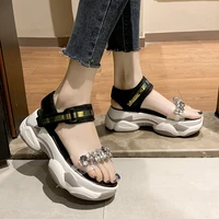 2021 fashion new women wedges rhinestone sandals fashion ladies thick bottom ankle strap crystal summer shoes woman black white