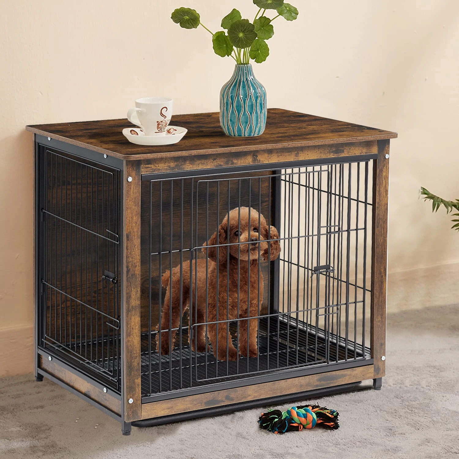 

Винтажный стол-клетка для собак, внутренний деревянный ящик-будка, ящик для домашних животных с двойными дверцами, съемный поднос