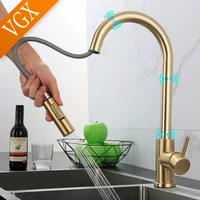 vgx touch control sensor kitchen sink faucets pull out sprayer stainless steel smart induction mixer tap brushed golden black