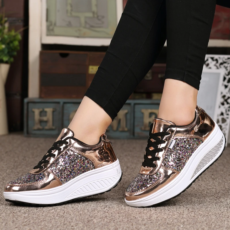 

Women Platform Shoes Wedge Sneaker Lace-Up Bling Ladies Shoes Silver Gold White Sequins Wedge Sneaker Zapatos Mujer Dropshipping