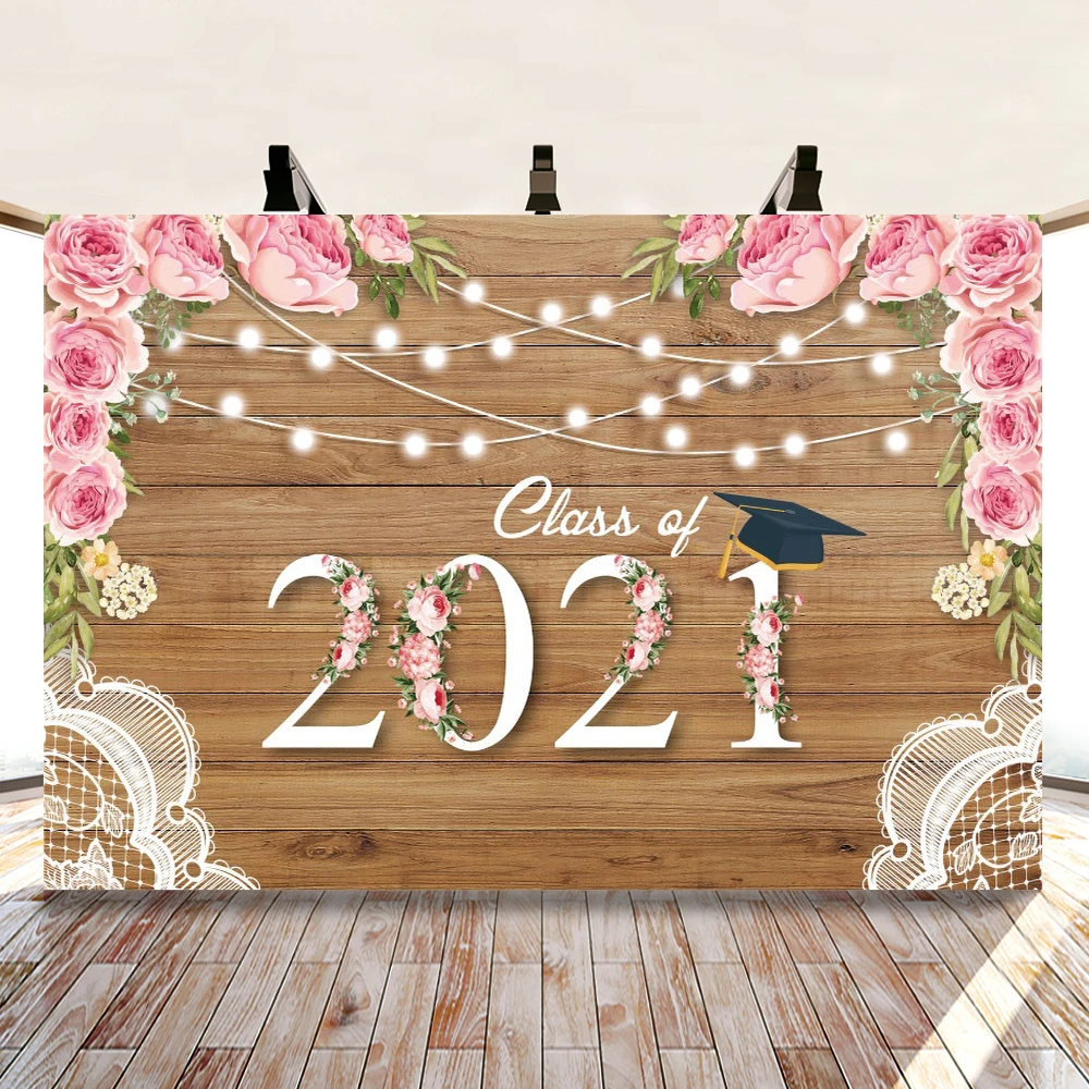 

2021Class Graduation Season Bachelor Cap Backdrop For Photography Congratul Party Wooden Board Flower Photo Background Photocall