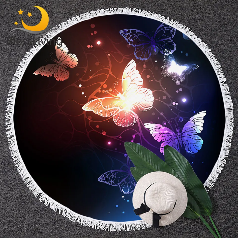 

BlessLiving Butterfly Beach Towel Insect Round Bath Towel With Tassel Elegant Toalla Sunblock Blanket Colorful Beach Mat 150CM