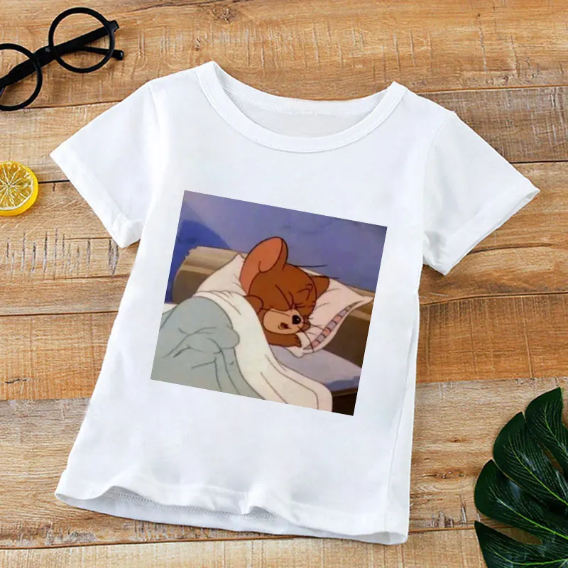 

2020 Cat And Mouse Clothes Cute Cartoon T Shirt Boy Print Top White T Shirt Enfant Casual Short Sleeve Round Neck T Shirt Girl