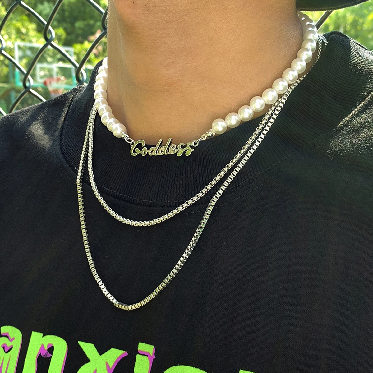 

SHIXIN Punk Letter Pearl Beads Thin Chain Choker Necklace Set Men/Women Hip Hop Multi Layered Necklace Chain on the Neck Jewelry