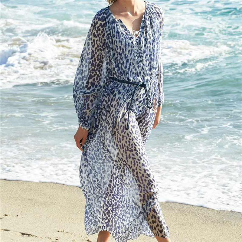 

Leopard Chiffon Beach Cover up Tunics for Beach Long Kaftan Bikini Cover up Robe de Plage Sarong Beach Swimsuit coverup #Q963