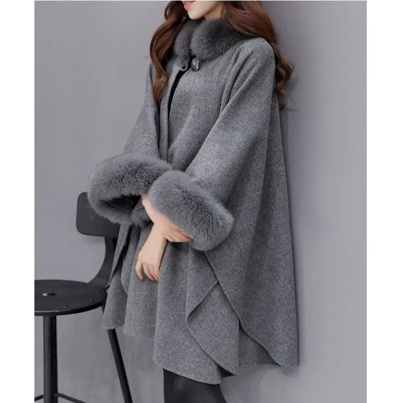 

Winter Womens Cloak Big Fur Collar Plus Size Wool Coat Long Wool Coat Long Winter Jackets Wool Coats Outerwear Woolen Blends