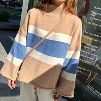 women turtleneck sweater thick warm korean style loose base shirt stitching color streetwear 2021 fashion winter woman sweater