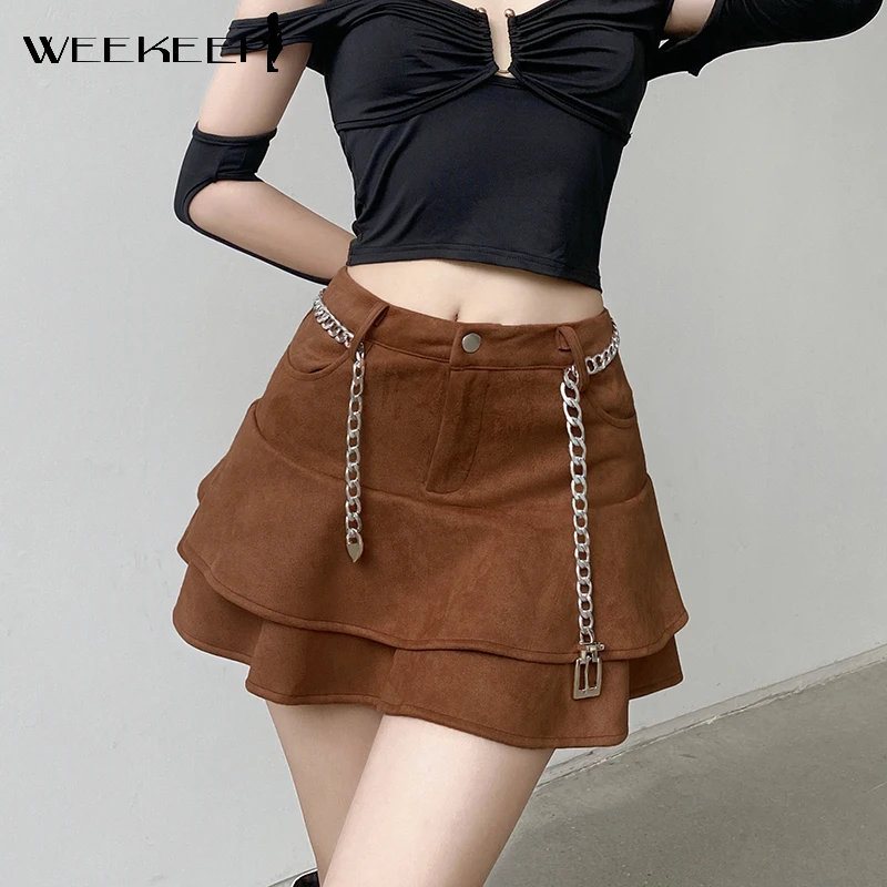 

Weekeep Vintage Belt Double Layer Pleated Skirt Women High Waist Loose Mini Skirts With Shorts Autumn Basic y2k Grunge Clothing