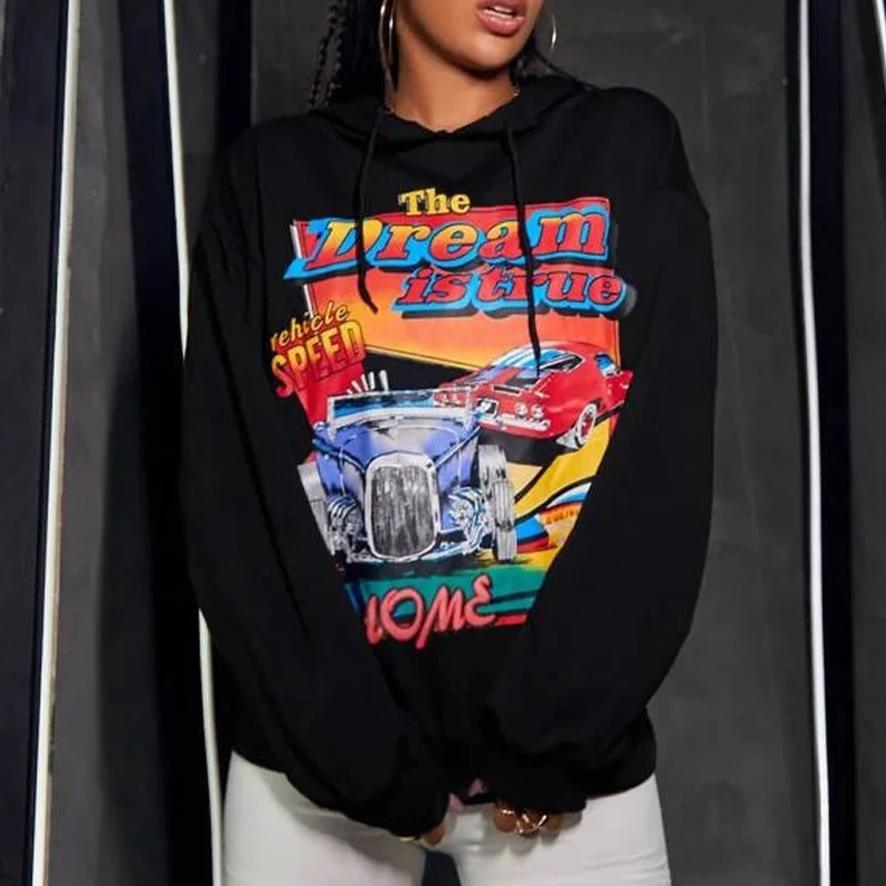 

Женские свободные толстовки с принтом, пуловеры большого размера, Новинка осени 2021, свитшот с длинным рукавом и кулиской, Женская Повседнев...