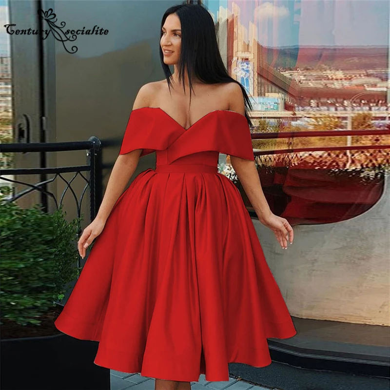 

Simple Red Prom Dresses Short 2021 Tea-Length Corset Back Off Shoulder Formal Evening Dress Party Gowns Vestido De Fiesta Cheap