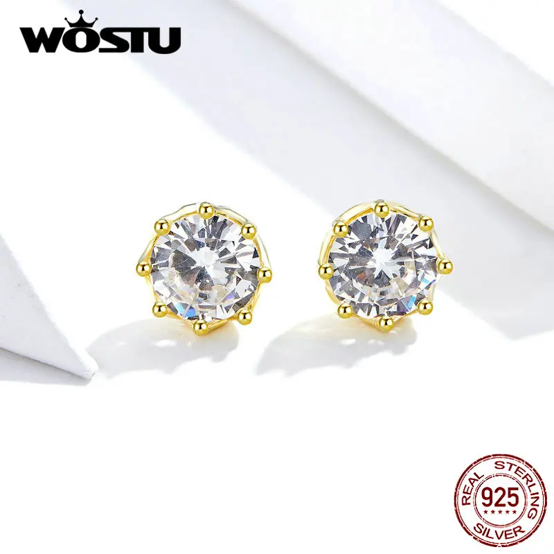 WOSTU, 3 цвета, 925 пробы, Серебряный сверкающий светильник, серьги-гвоздики, розовое золото, маленькие серьги для женщин, свадебные ювелирные изделия, FIE499
