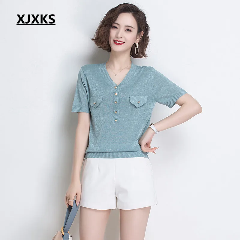 Футболка XJXKS женская с V-образным вырезом повседневный топ коротким рукавом лето