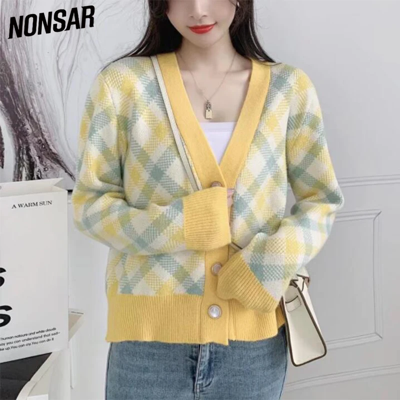 

NONSAR Grid Knitted Cardigan Sweater Women Autumn Winter New Loose Versatile Sweet V-Neck Coat INS HOT