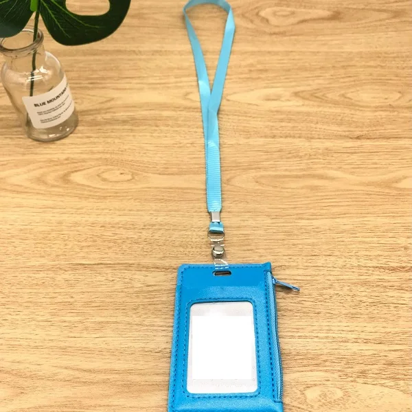 BLUE Чехол из искусственной кожи для удостоверения личности, деловой значок, держатель для карт с ожерельем, шнурок, студенческий кошелёк для монет, сумка на молнии - Цвет: BLUE