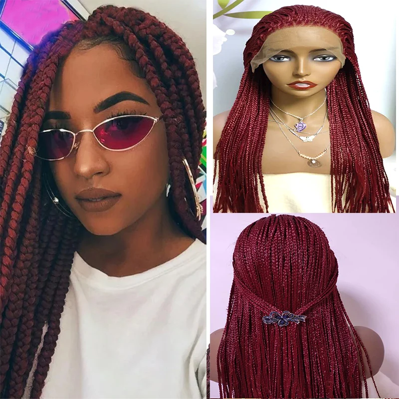 26 Inch Burgundy Color Long Synthetic Lace Front  Box Braided Wigs For Black Women 99j Braided Wig Heat Resistant Braiding Hair