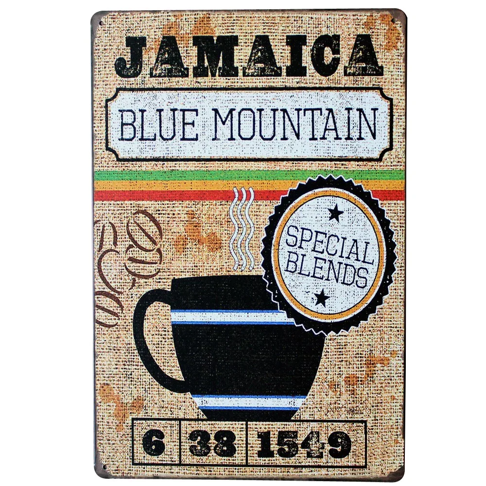 

JAMAICA BLUE MOUNTAIN Оловянная табличка для кофе, винтажный металлический знак для напитков, вечеринки, напитков, кафе, бара, настенное украшение, же...