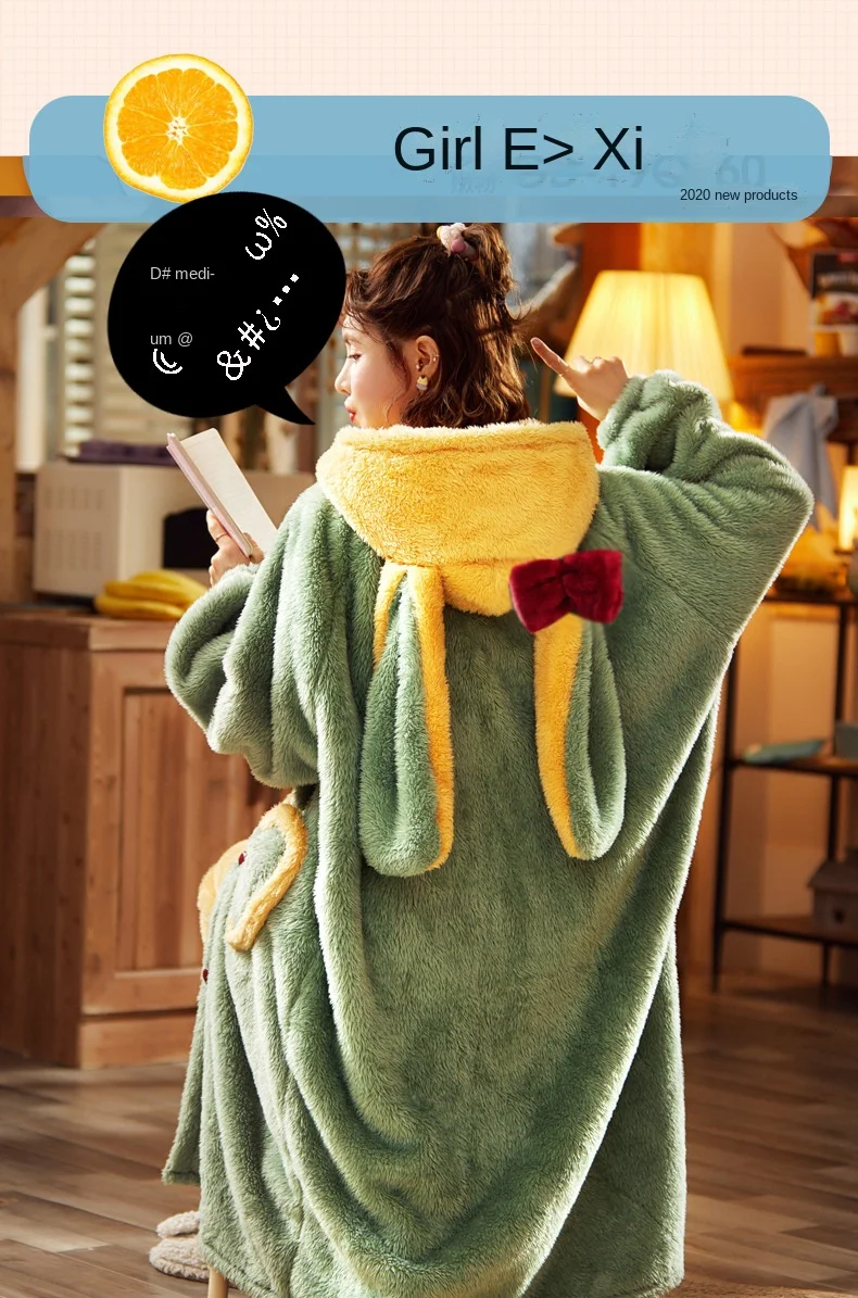 Women'S  Winter Long Nightgown Coral Velvet Thickening Plus  Cute Cartoon Flannel Home Clothing Pajamas