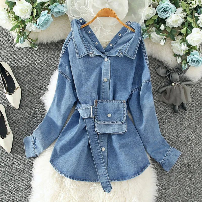 

Loose denim shirt jacket mid-length retro Hong Kong-style long-sleeved design niche tops women's