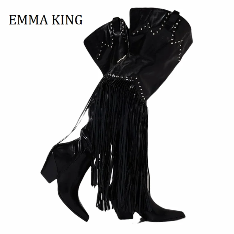 Женские ковбойские сапоги в западном стиле Черные кожаные выше колена с бахромой