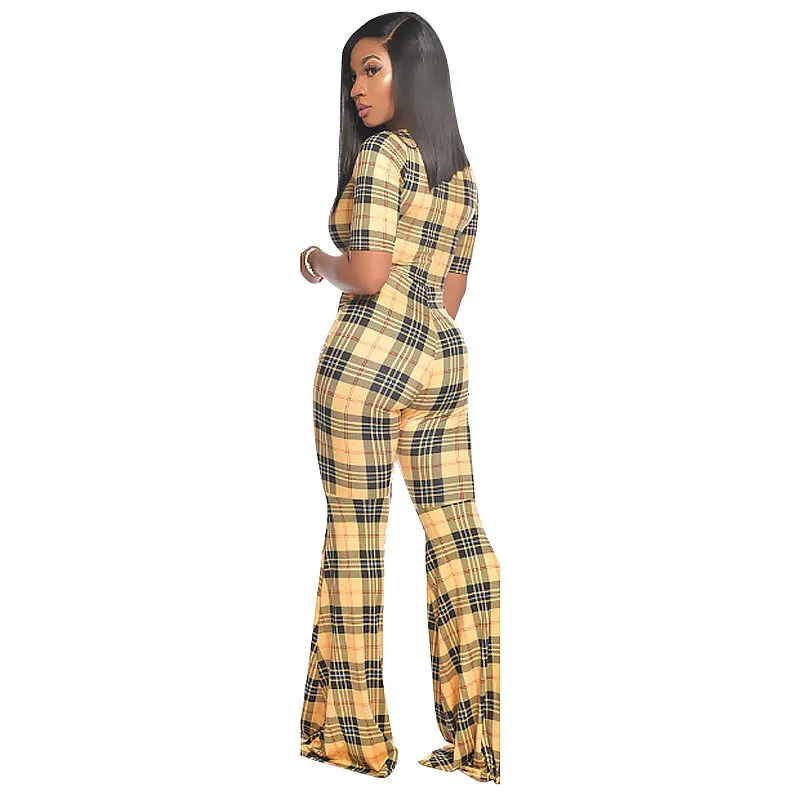 

European and American hot style sexy women's elegant high-quality large size tight sleeves check print flared jumpsuit