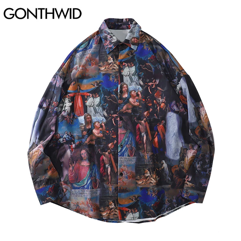 

Блузка GONTHWID в стиле хип-хоп, винтажная рубашка с принтом Богородицы, ребенка, Иисуса, свободного покроя, с длинным рукавом, уличная одежда, то...