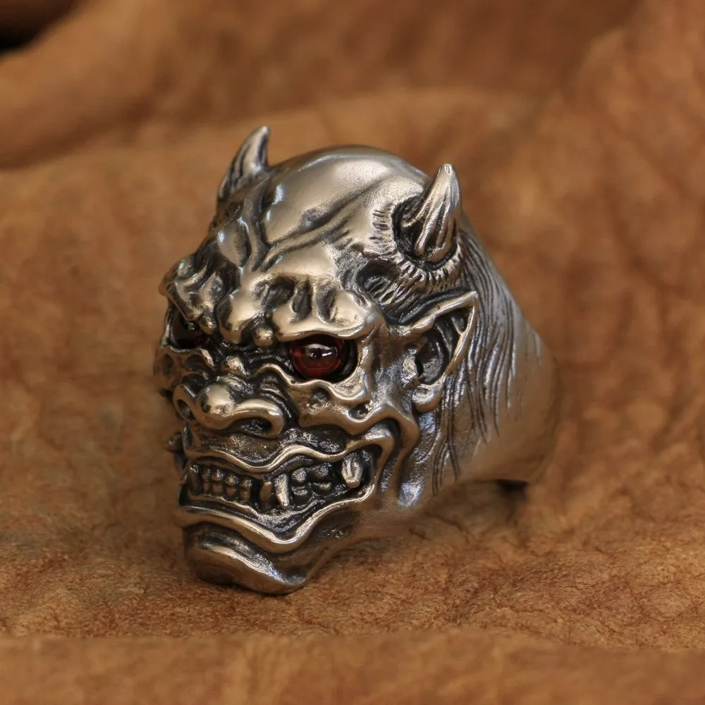 

LINSION Red Eyes Japanese Ghost Prajna Ring Cupronickel Mens Biker Rock Punk Jewelry CP254 US Size 7~15