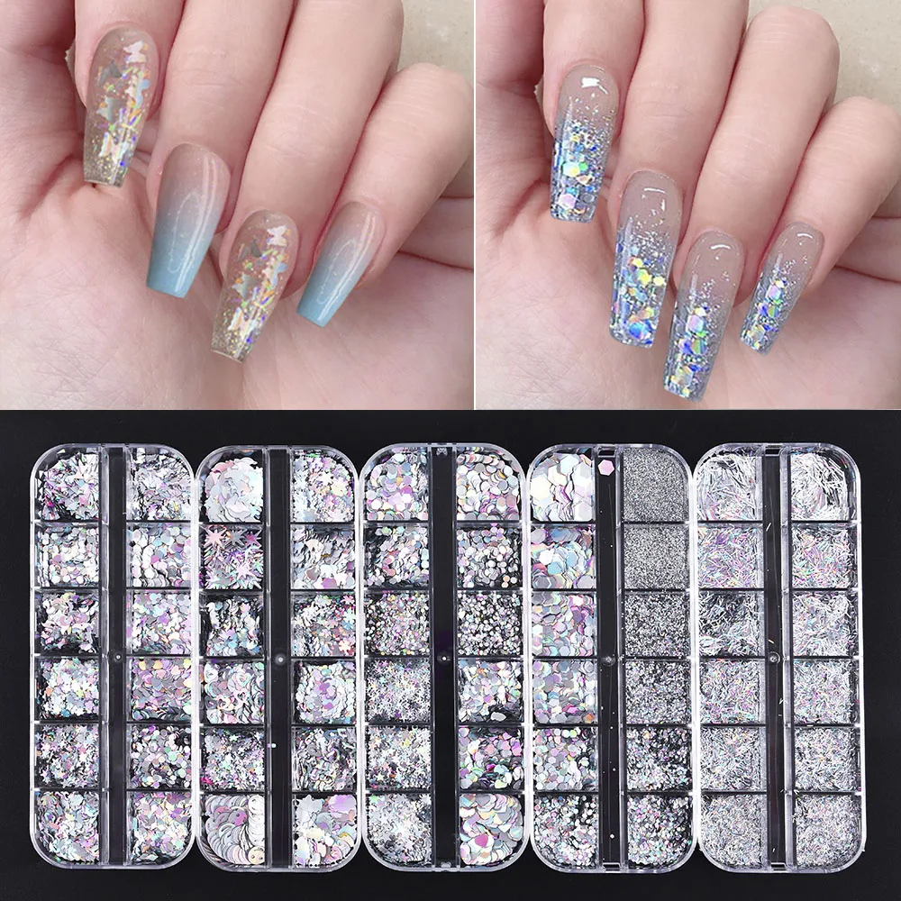 

12 Grids/Box Nail Art Accessories Glitter Stars and Butterflies Sequins Flakes Holographics Silver Nail Decoration Ongles Design