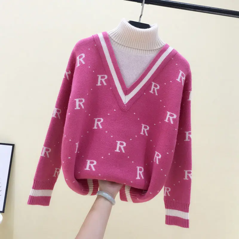 

Turtleneck sweater women's autumn and winter new Korean version of loose wear pullover lazy wind letter fake two-piece sweater