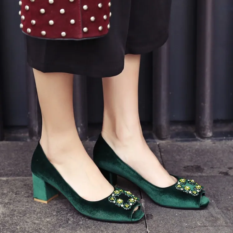 

US4-11 Womens Velvet Peep Toe High Block Chunky Heels Pumps Rhinestones Crystal Banquet Shoes Square Buckle 6Colors C671 New