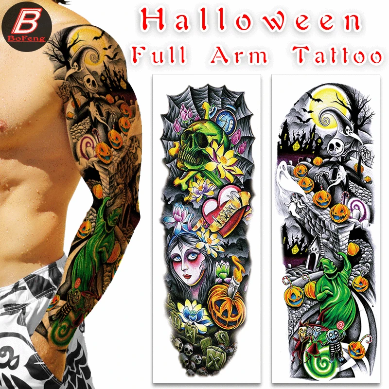 

Временные тату-наклейки на всю руку для мужчин и женщин, наклейки на Хэллоуин с большим рисунком черепа, тыквы, смешные тату, с цветами