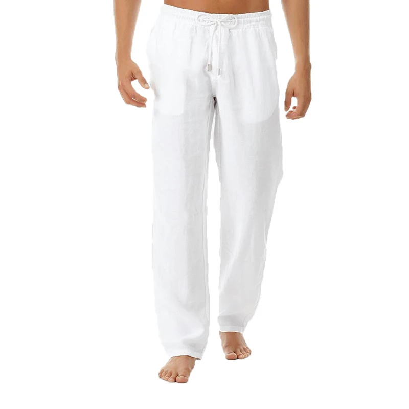

2022 Pantalones informales de lino y algodón Natural para hombre, Pantalón recto de cintura elástica, color blanco, nueva