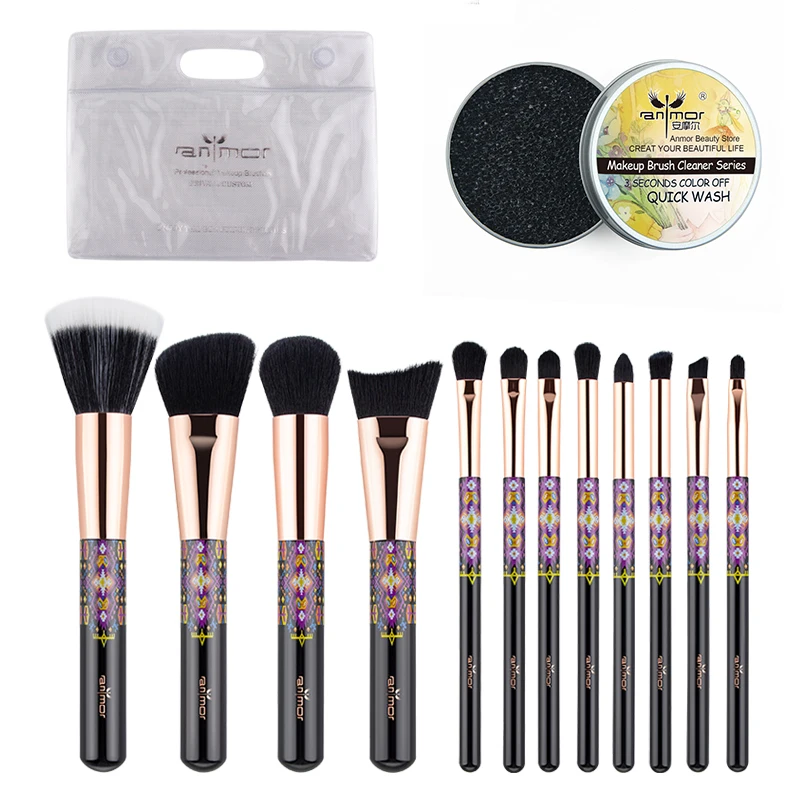 

ANMOR 12Pcs Makeup Brushes Set Cleaner Box With Bag Foundation Eyeshadow Blending Eyebrow Make Up Brush Kit For Cosmetics