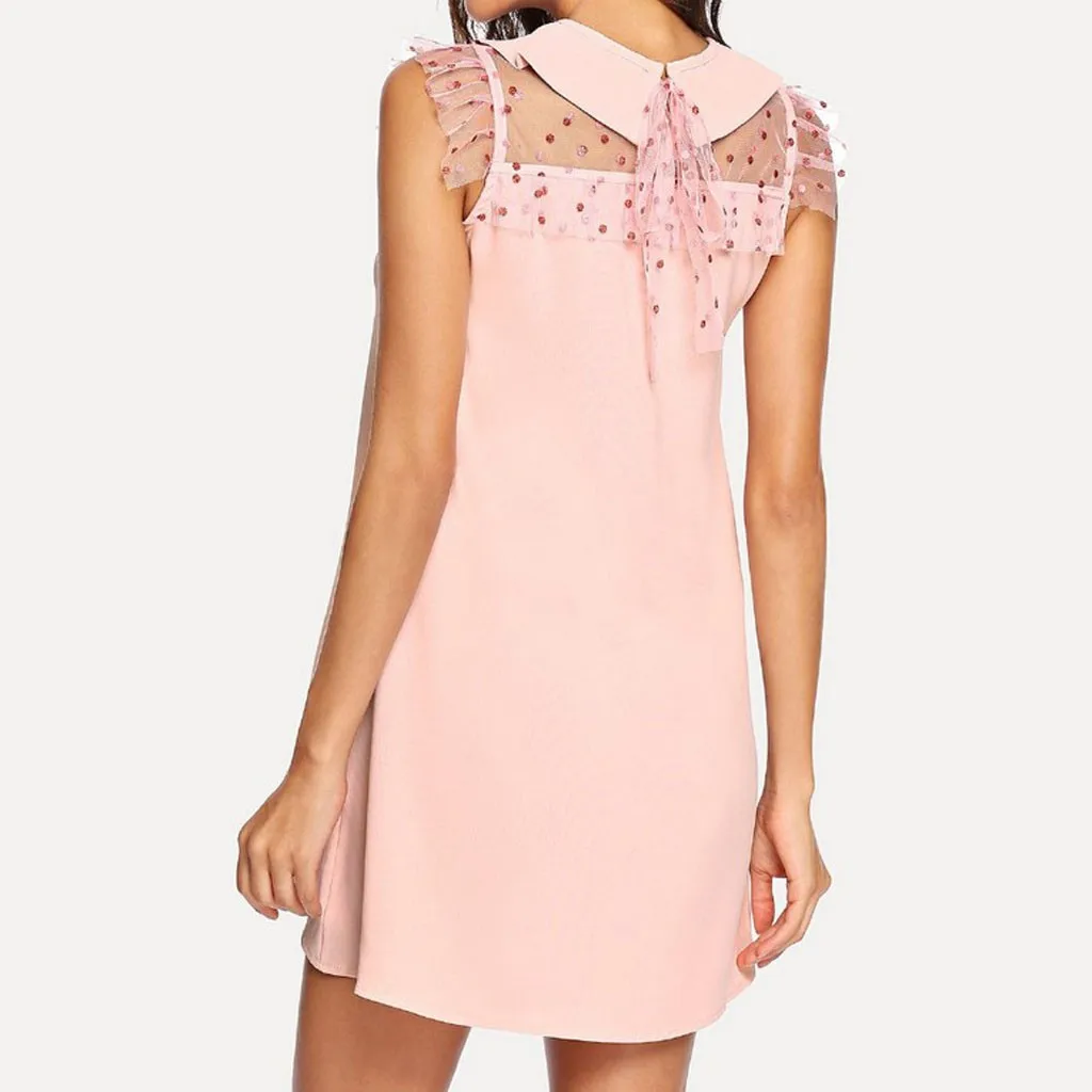 Летнее платье мини для женщин модное без рукавов отложной Воротник майка точка