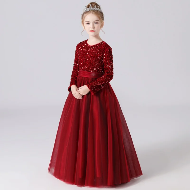 

Dideyttawl Sequin Tulle Long Sleeves Junior Bridesmaid Dress Flower Girl Dresses Puff Skirt Girls Pageant Evening Party Gown