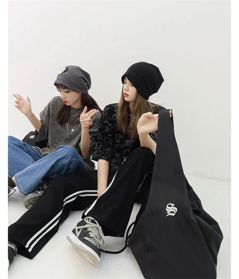 

Fashion Cool Women Loose High Waist Straight Leg Pants Ladies New Striped Casual Sweatpants Black Girly Elastic Waist Trousers