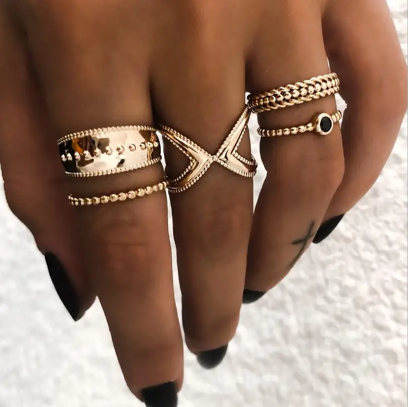 

Bohemian Geometric Rings Sets Crystal Stone Opening Rings For Women Fashion Punk Cross Twist Open Ring Joint Ring Female Jewelry