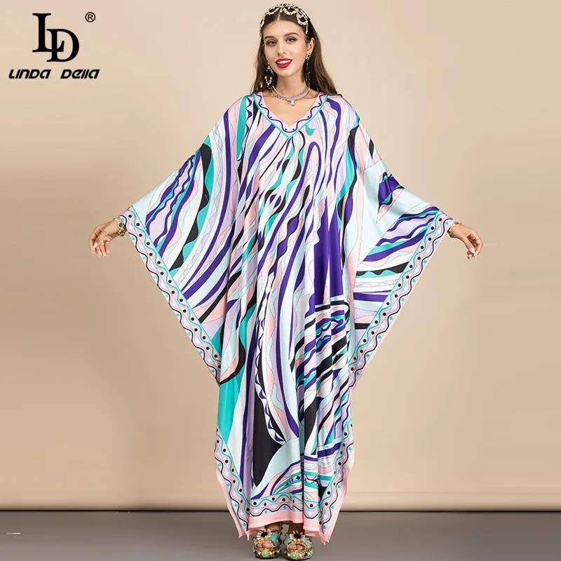 

LD LINDA DELLA 2021 Summer Designer Bohemian Long Dress Women V-neck Batwing Sleeve Geometry Stripe Print Loose Maxi Dress robe