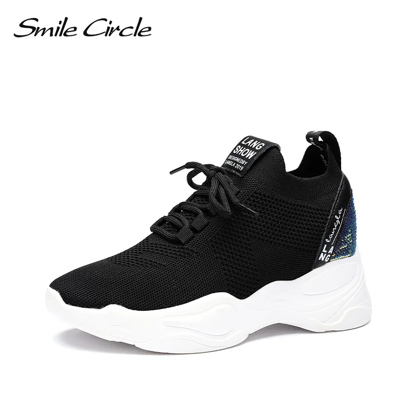 Женские трикотажные кроссовки со смайликом дышащая обувь на плоской платформе