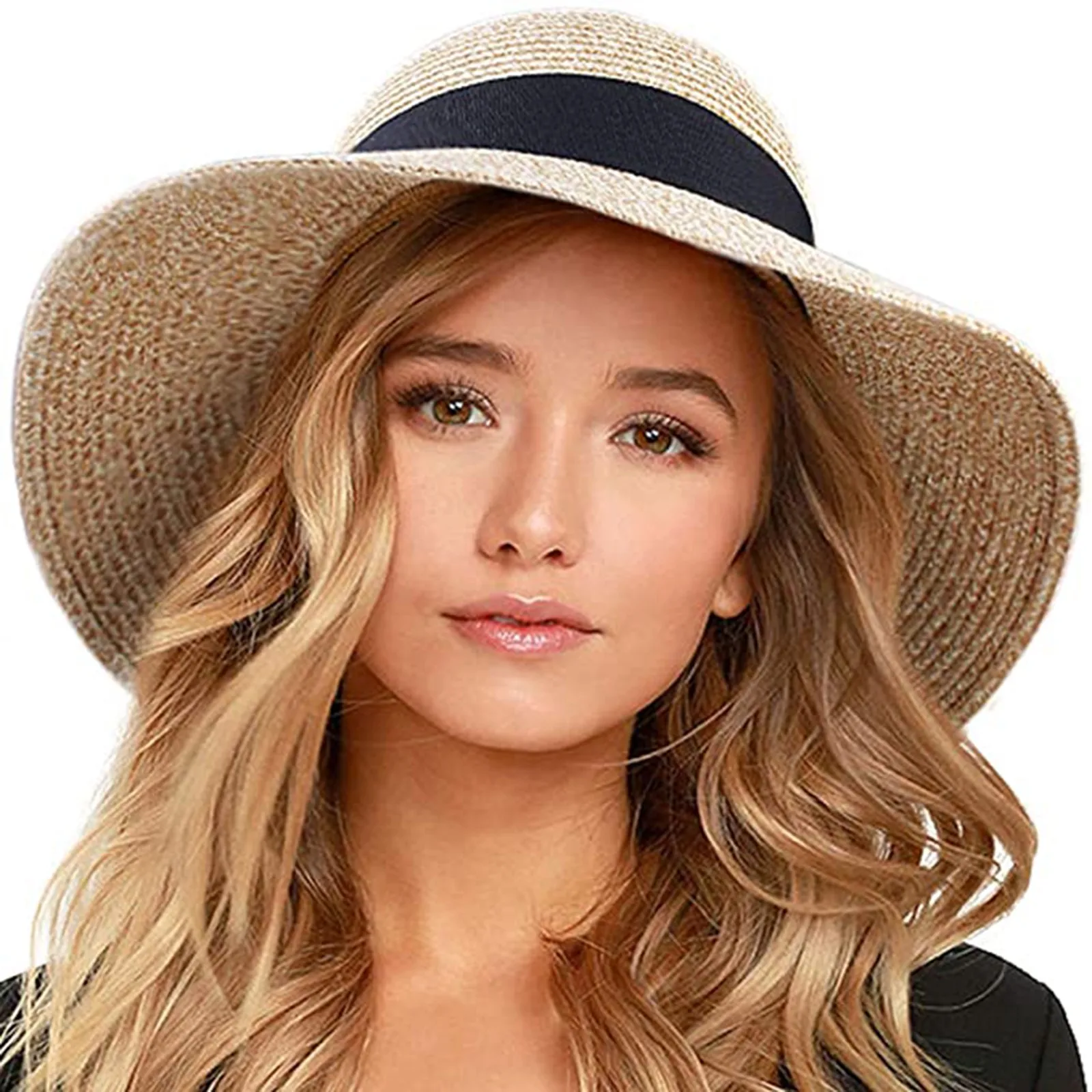 

TELOTUNY Women's Sun Hat Sunshade Oversized Eaves Cap Summer Outdoor Sunscreen Dome Beach Hat Casual Straw Bow Strip Sunhat