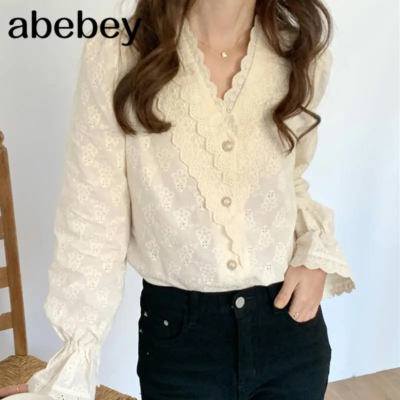 

Elegant Lace Hook Flower Solid Blouse Women Pullover Flare Long Sleeve Work Style Solid Blusas Spring Loose Shirt Femme