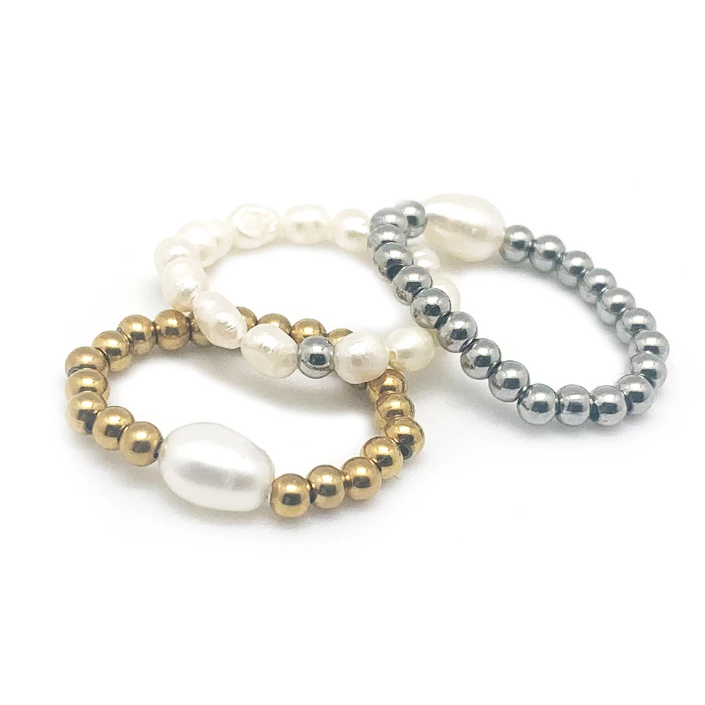 

French Elegant Natural Freshwater Pearl Ring Stainless Steel Beads Golden Silver Fashion Rings for Women Girls Gifts Adjustable