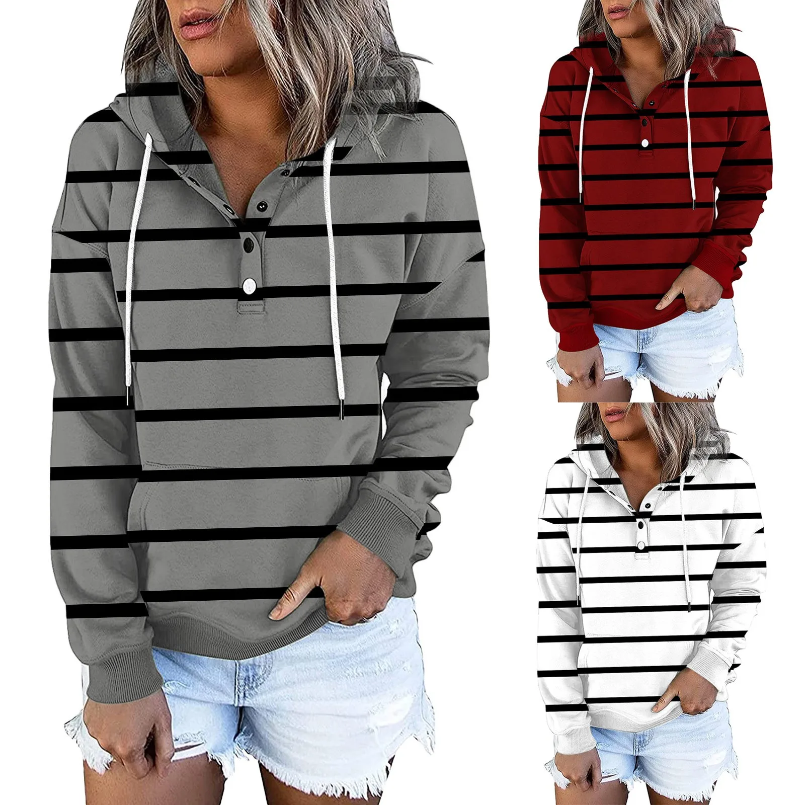 

Women's Hooded Stripe Print Long-sleeved Sweatshirt Casual Blouse Button Drawstring Harajuku Ladies Pullover Tops Korean style